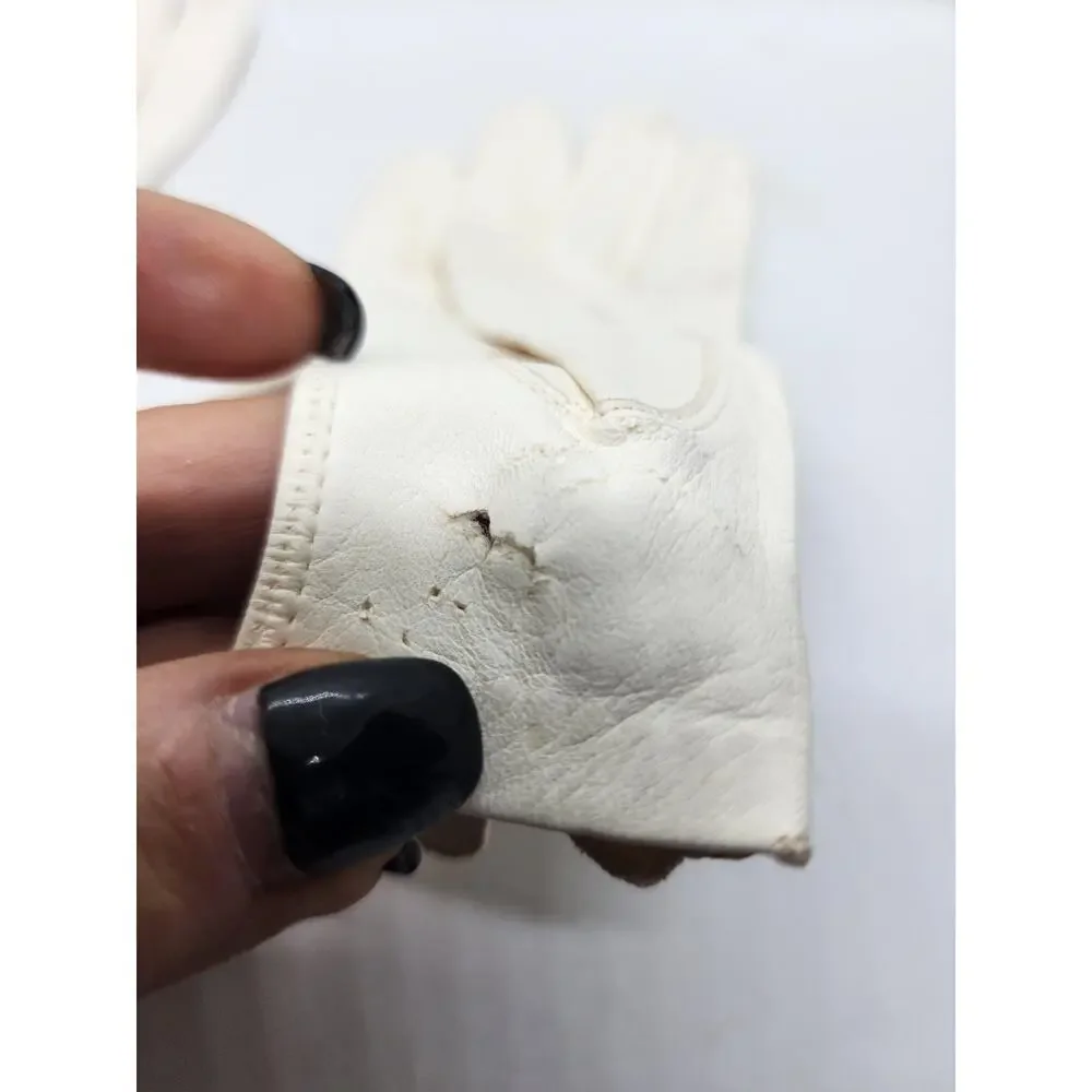 Vintage White Leather Gloves Womens Floral Lace Cutout Insert Wrist